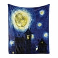 thumbnail image 1 of Moon Soft Flannel Fleece Throw Blanket, Hand Drawn Composition with Country Houses and Full Moon Motifs, Cozy Plush for Indoor and Outdoor Use, 50" x 70", Dark Blue Black Yellow, by Ambesonne, 1 of 6