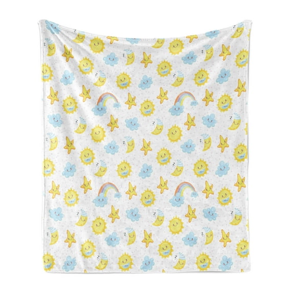 Moon Soft Flannel Fleece Throw Blanket, Happy Smiling Moon and Stars Morning and Night Rainbows Funny Clouds, Cozy Plush for Indoor and Outdoor Use, 60" x 80", Baby Blue Yellow Pink, by Ambesonne
