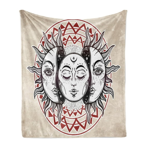 Moon Soft Flannel Fleece Throw Blanket, Oriental Elements with Abstract Style Heavenly Bodies Tattoo Style, Cozy Plush for Indoor and Outdoor Use, 50" x 60", Tan Black Ruby, by Ambesonne