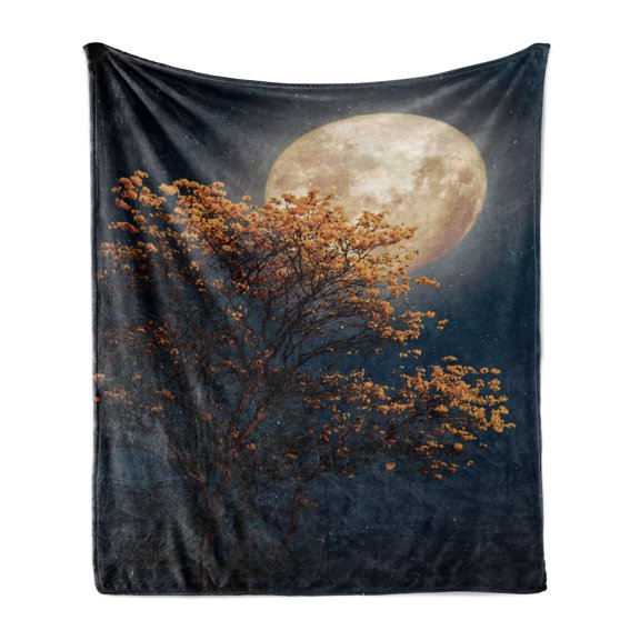 Moon Soft Flannel Fleece Throw Blanket, Retro Tree with Blooming Yellow Flowers Elements from Milky Way Galaxy, Cozy Plush for Indoor and Outdoor Use, 50" x 60", Dark Blue Orange, by Ambesonne