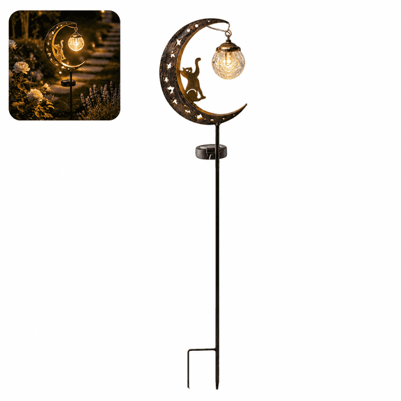 Moon Solar Garden Stake Light, Iron Crescent Moon Outdoor Pathway Lamp with Crackle Glass Globe, 33.5 x 7.1 in, Brown