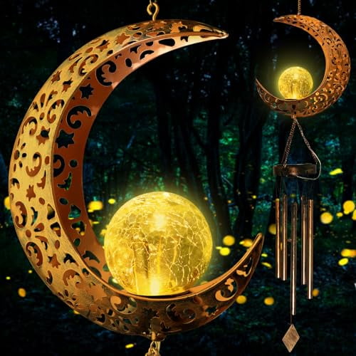 Moon Solar Lights Wind Chimes for Outside Gift for Women Gifts for Mom Grandma Birthday Gifts Large Moon Decor Windchimes Outdoors Gardening Gift for Outdoor Patio Yard Porch Solar Moon Night Lights