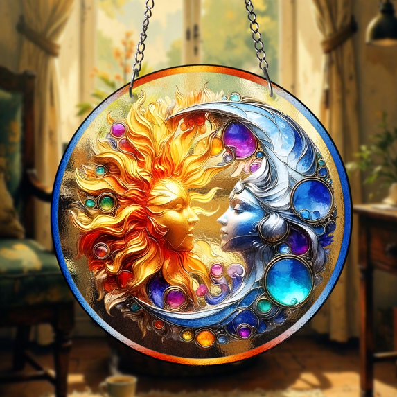 Moon & Soon Stained Glass Window Hanging – Celestial Sun Catcher, Night Sky Round Panel, Lunar Art Glass Decor, Handmade Moonlight Ornament