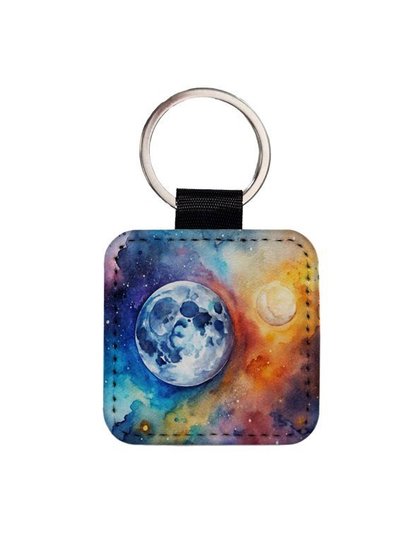Moon Space Watercolor Design Astronomy Faux Leather Square Keychain