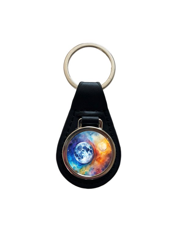 Moon Space Watercolor Design Astronomy Metal Black Leather Keychain