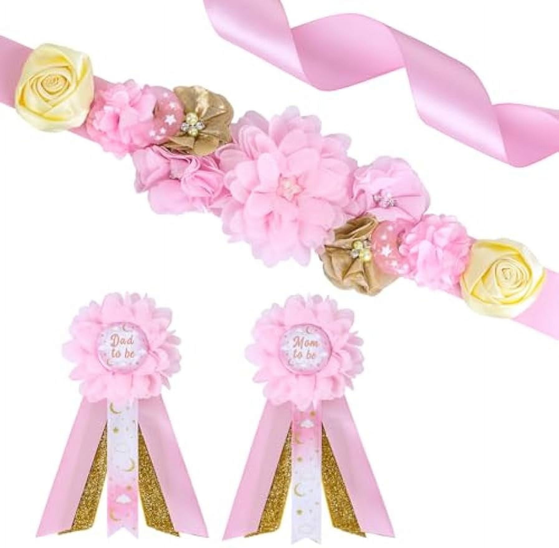 JOYMEMO Moon And Star Baby Shower Sash And Pins Set, Pink Gold Twinkle Twinkle Little Star Baby Shower Belly Belt And Mom To Be & Dad To Be Corsage Pins