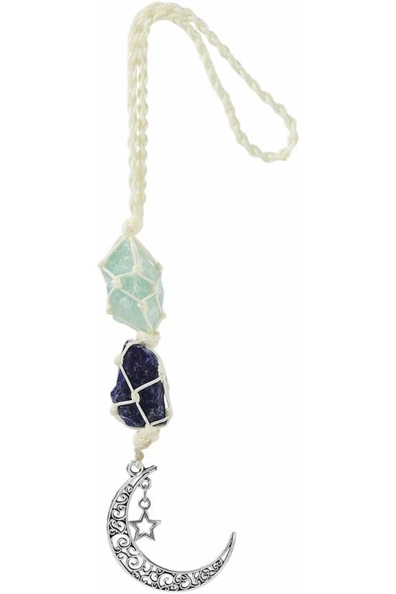 Moon Star Car Hanging Decor Natural Green Aventurine Lazuli Car Charms Dangling Pendant Rearview Mirror Decorations Car Accessories for DIY Rear View Ornament Home Wall Door Decor
