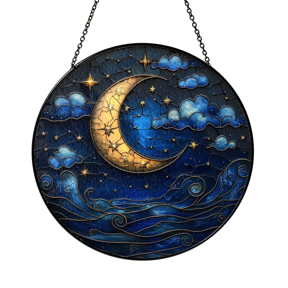 Moon Star Celestial Stained Glass Suncatcher Window Hanging Decor, Night Sky Sun Catcher Panel for Home Window Decoration, Cosmic Decorative Art