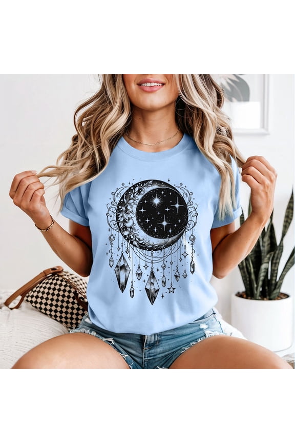 Moon Star Celestial Womens T-Shirt Mystical Crystal Design All Size S-5XL