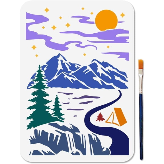 Moon Star Cloud Painting Stencils 8.311.7 Inches Reusable Mountain Tree Road Stencil with Paint Brush for Crafts Bonfire Tent Hollow Drawing Templates for Furniture Window Floor colorful DIY