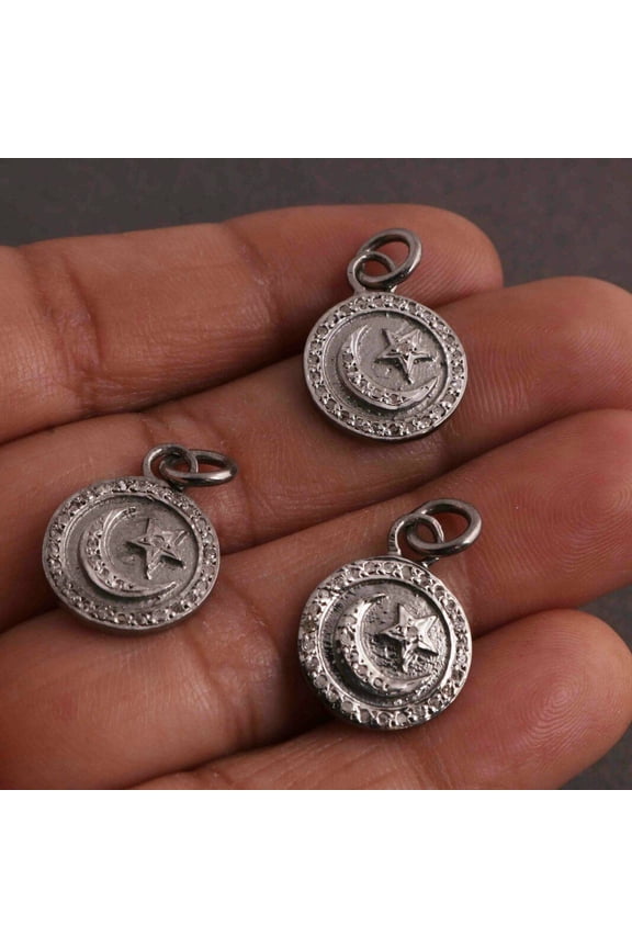 Moon Star Coin Charm Pendant 925 Silver Pave Diamond Pendant For Christmas.
