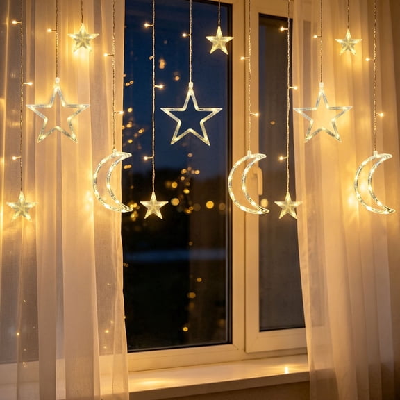 Moon Star Curtain String Lights, 11.5ft 120LED Moon Fairy Lights with USB & Battery Operated(Not Include) 8 Lighting Modes IP65 Waterproof Starry Night Lights for Christmas Ramadan Wedding Birthday