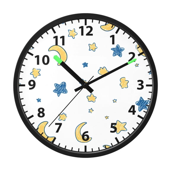 Moon Star Design Wall Clock 12 Inch Voice Activated Night Light Silent Non Ticking