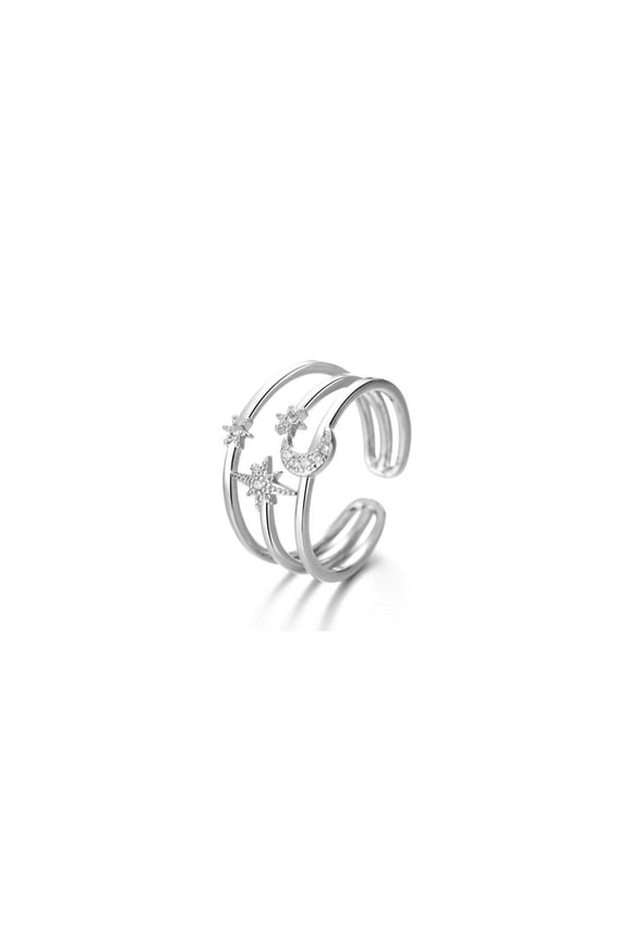 Moon & Star Diamond Ring, Triple Row Shank Ring, Open Cuff Diamond Engagement Ring, Celestial Diamond Ring, Adjustable Diamond Band, 925 Sterling Silver, 1.6 Ct Simulated Diamond