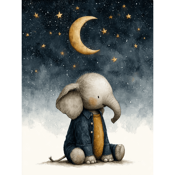 Moon Star Elephant Boy Nursery Canvas Print, Neutral Kids Bedroom Animal Home Wall Decor Art