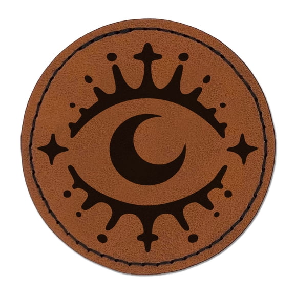 Moon Star Eye Rays Pupil Round Iron-On Engraved Faux Leather Patch Applique - 2.5 Inch - Brown