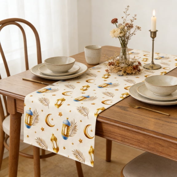 Moon Star Gloden Ramadan Table Runner 5.9FT, Ramadan Table Runner Gold Glitter Pattern, Dining Table Decor, Washable Holiday Kitchen Decoration for Iftar Party Home 70.8"
