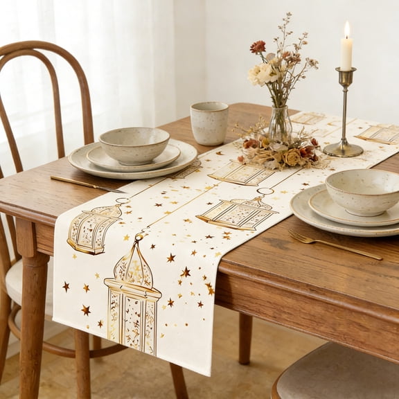 Moon Star Gloden Ramadan Table Runner 5.9FT, Ramadan Table Runner Gold Glitter Pattern, Dining Table Decor, Washable Holiday Kitchen Decoration for Iftar Party Home 70.8"