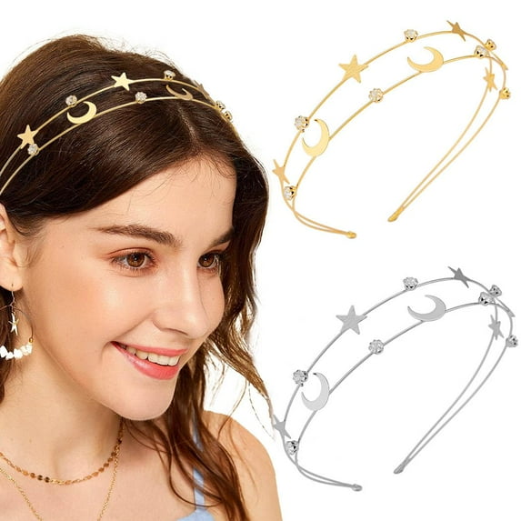 Moon Star Headband Rhinestone Wedding Bride Hairband Gold Crescent Moon Hair Hoop Layered Crystal Headpiece Silver Bridal Hair Accessories 2PCS
