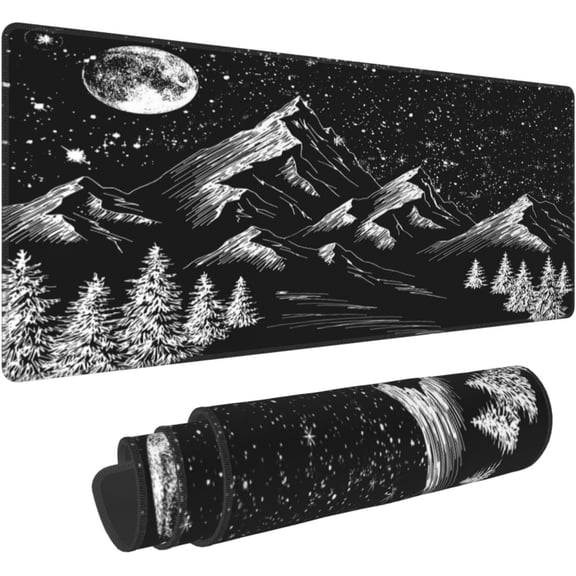 Moon Star Mountain Forest Tree Starry Night Sky Black White Gaming Keyboard Mouse Pad Mousepad Accessories Huge Extended XL Stitched Edge Rubber Sole for Home Office(31.5"X 11.8")