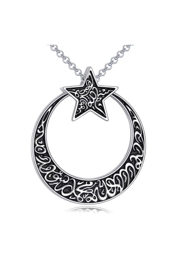 Moon Star Muslim Islamic Religious Pendant Necklace for Men Women Sterling Silver Religious Allah Jewelry Gift