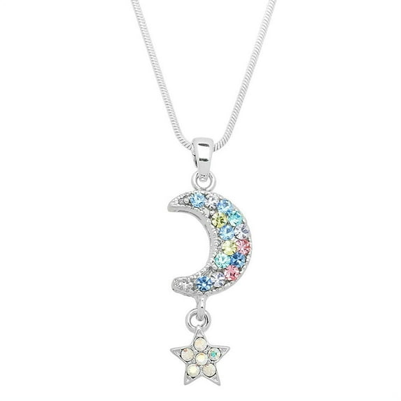 Moon & Star Pendant Necklace or Earring Rhinestone Crystal Rhodium Plated 17 Inch Snake Chain J0581-MT