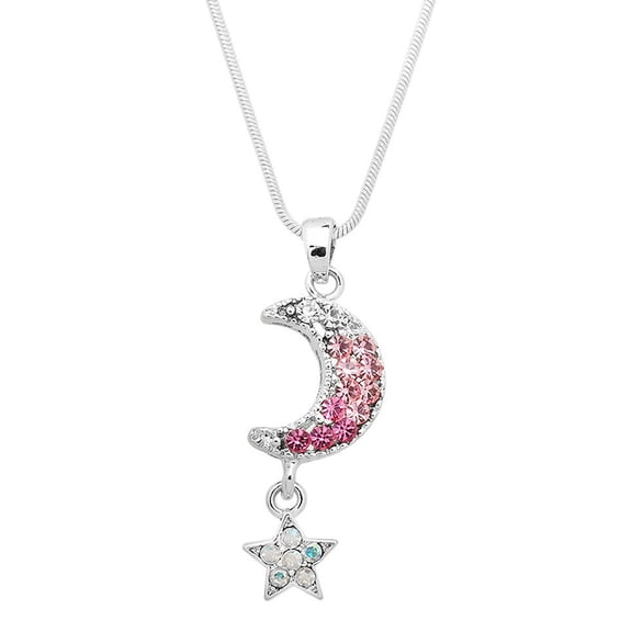 Moon & Star Pendant Necklace or Earring Rhinestone Crystal Rhodium Plated 17 Inch Snake Chain J0581-ROSE