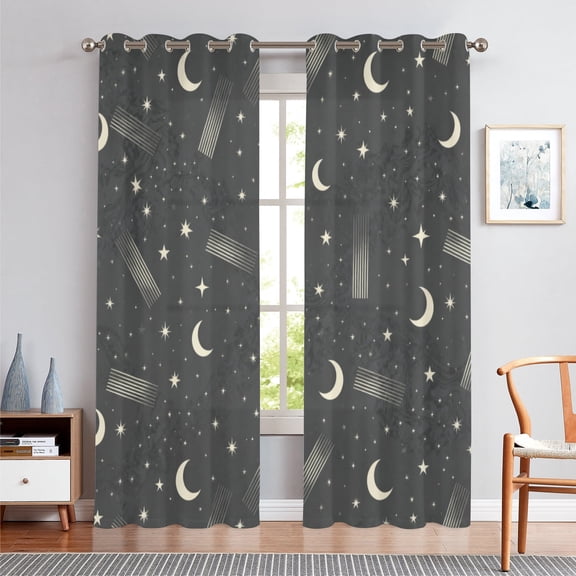 Moon and Star Print Blackout Curtains, Dark Gray Celestial Pattern Window Drapes, 2 Panels Set, Thermal Insulated Grommet Curtains for Room Bedroom 84x52in