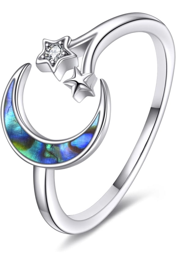 Moon Star Ring for Women 925 Sterling Silver Abalone Shell Crescent Adjustable Open Ring Celestial Jewelry