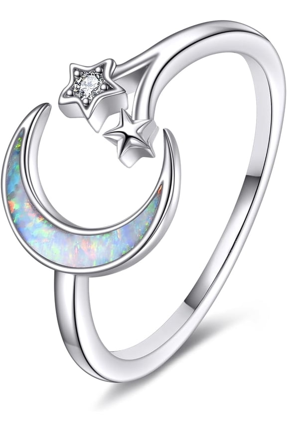 Moon Star Ring for Women 925 Sterling Silver Opal Crescent Adjustable Open Ring Celestial Jewelry
