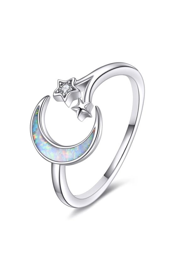 Moon Star Ring for Women 925 Sterling Silver Opal Crescent Adjustable Open Ring Celestial Jewelry (white opal moon)