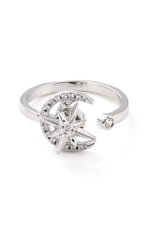 Moon & Star Rotatable Open Ring for Women Brass Cubic Zirconia Fidget Spinner Rings Adjustable Relieve Stress Cuff Ring Platinum Size 6 1/2(16.9mm)