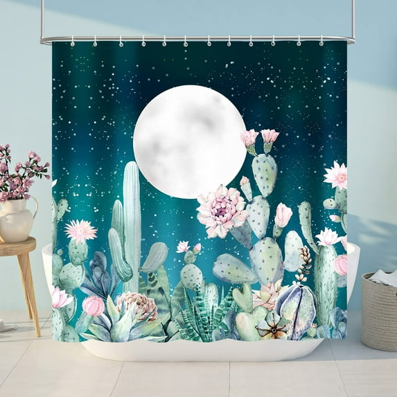 Moon Star Shower Curtains, Teal Blue Shower Curtain, Modern Plant Cactus Floral Shower Curtains for Bathroom, Waterproof Fabric Shower Curtain Set with Hooks Green Bathroom Curtain Decor 72x72