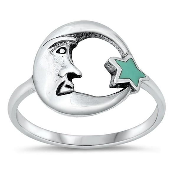 Moon & Star Simulated Turquoise Wholesale Ring .925 Sterling Silver Band Blue CZ Female Size 8