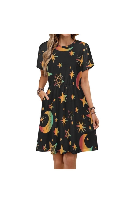 Moon Star Sky Short Sleeve Dress Women Summer Evening Dresses Ladies Sundress