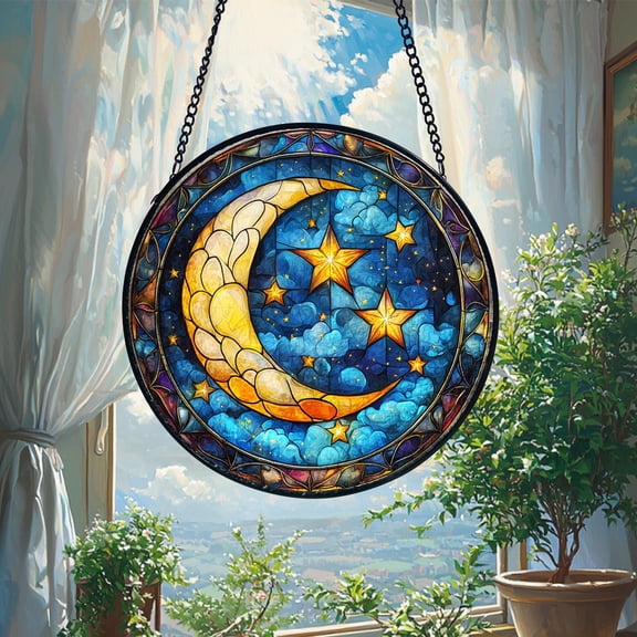 Moon and Star Stained Glass Suncatcher_ Celestial Window Hanging, Stained Glass Suncatcher, Window Hanging Glass Decor, Sun Catcher Ornament, Home Decor