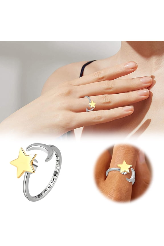Moon and Star Statement Ring for Women Silver Plated Open Band Finger Rings Adjustable Expandable Comfort Fit Christmas Birthday Party Jewelry Gifts,1Pcs