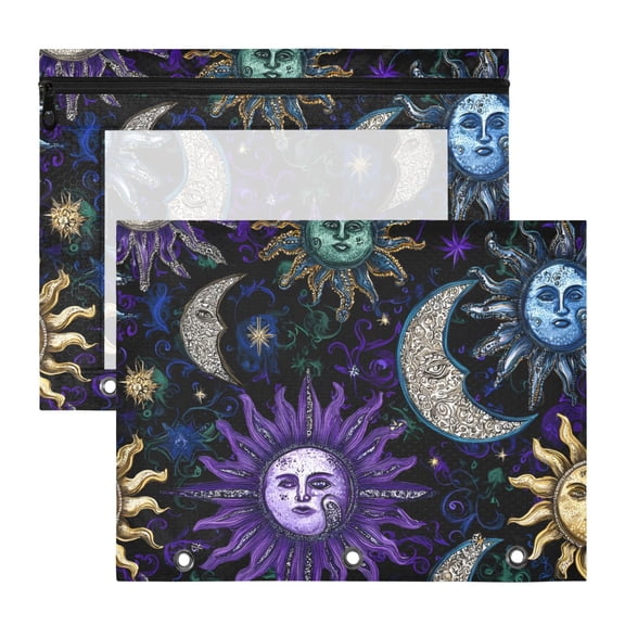 Moon Star Sun with Faces 3-Ring Binder Pouches A4 Size Zipper Pocket File Storage 2 Packs