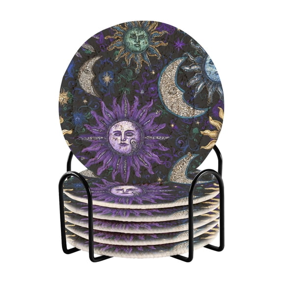 Moon Star Sun with Faces Drinking Coasters Cup Mat with Holder for Kitchen Cafe Bar 6 Packs