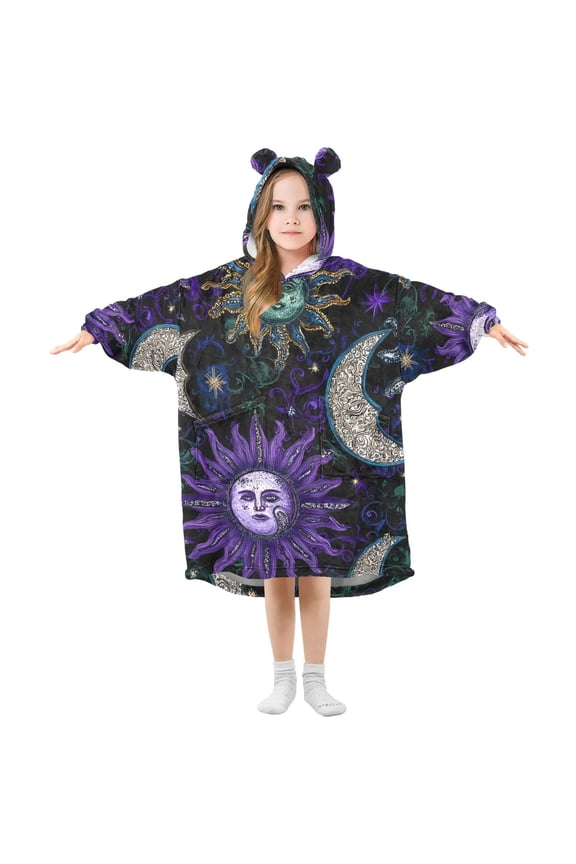 Moon Star Sun with Faces Flannel Wearable Blankets Hooded Design Long Sleeves Wrap Unisex for 3T-14Y L