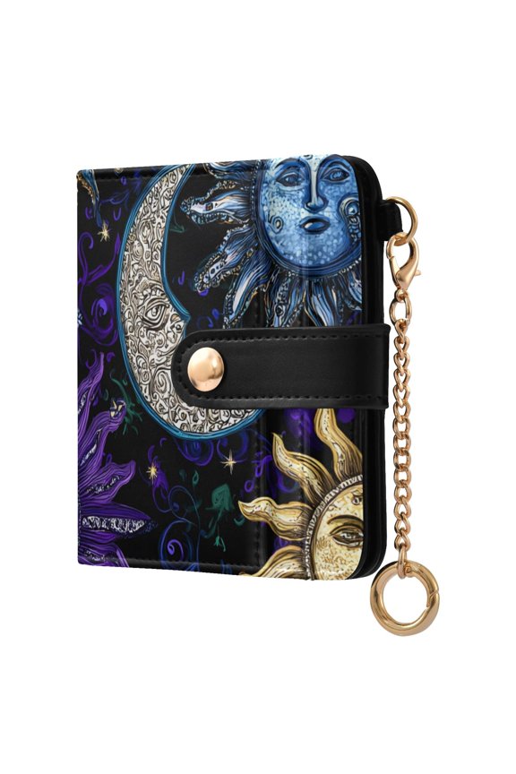 Moon Star Sun with Faces Women's Wallet PU Leather Card Cases RFID Blocking Purse Billfold with Key Ring