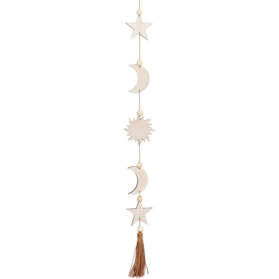 Moon Star Wall Hanging Decor Wooden Wall Art Decorations Moon Garland Ornaments Pendant with Wheat Tassel Beads for Home Bedroom Living Room Dorm Nursery Apartment Office 30.3inch