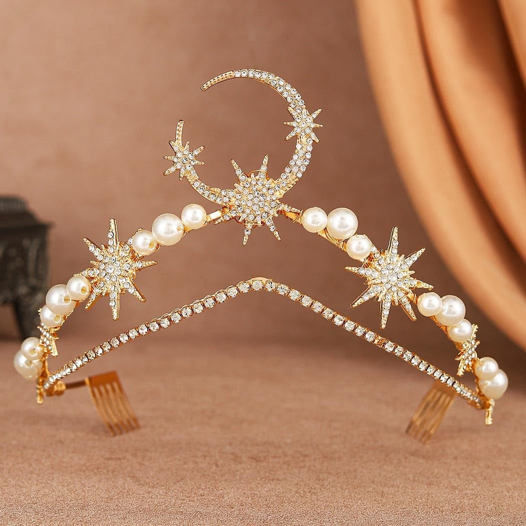 Moon Star Wedding Headband Gold Rhinestone Pearl Headpiece  display picture 1