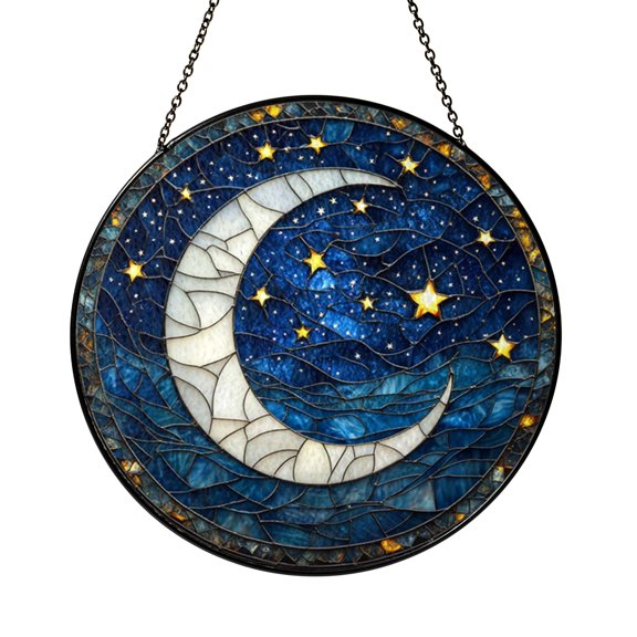 Moon Star Window Suncatcher with Stained Glass Look, Home Celestial Window Decor