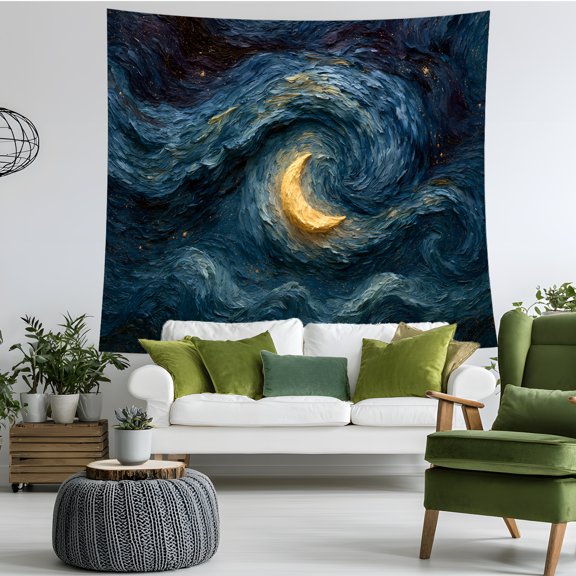 Moon Starry Night Tapestry Wall Hanging, Crescent Moon Blue Night Sky Celestial Wall Art, Aesthetic Home Decor for Bedroom, Living Room, Dorm