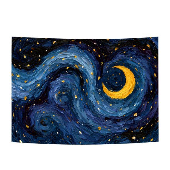 Moon Starry Night Tapestry Wall Hanging, Crescent Moon Blue Night Sky Tapestry, Aesthetic Celestial Wall Decor for Bedroom Dorm Living Room