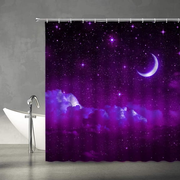 Moon Starry Shower Curtain Fantasy Night Sky Cloud Galaxy Romantic Starry Black Purple Bathroom Curtains Decor Polyester Fabric Include Hooks(70" WX70 H)
