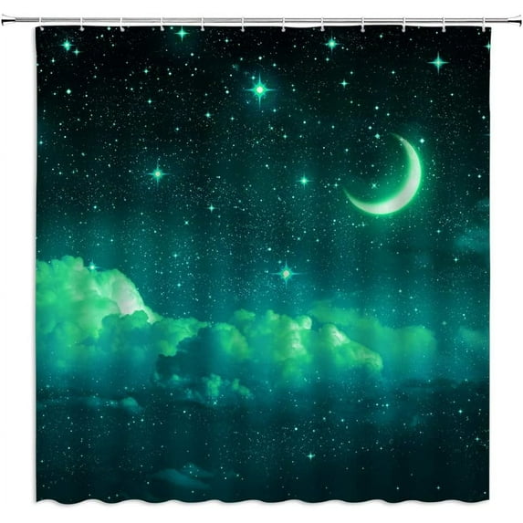 Moon Starry Shower Curtain Fantasy Night Sky Cloud Galaxy Romantic Starry Green Bathroom Curtains Decor Polyester Fabric Include Hooks(36" Wx70 H)