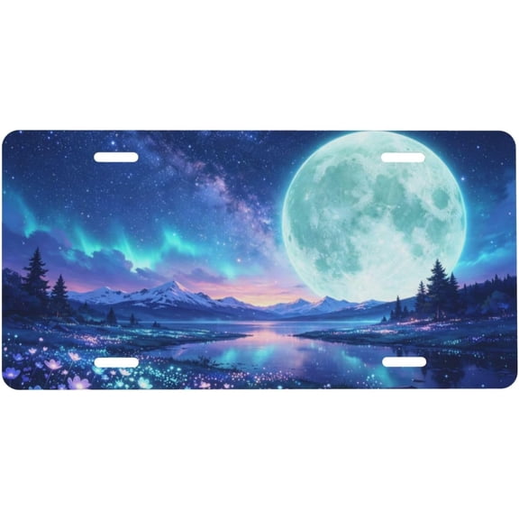 Moon Starry Sky River Flowers Novelty License Plate with Front Car Plate, Aluminum Metal, 4-Hole, 6 x 12 Inch