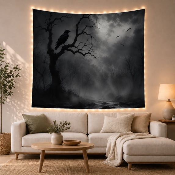 Moon Stars Atmospheric with Monochromatic Blacks Grays Whites, Spooky Gothic for Gothic Decor Fans, Dark Art Decor, Halloween Gift, Tapestry Wall Hanging for Bedroom and Dorm